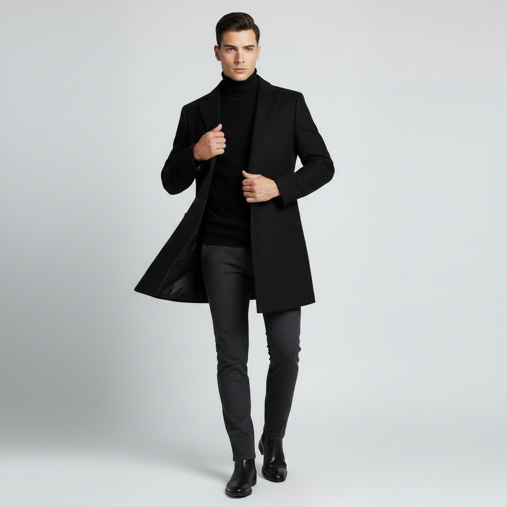 Men's Long Coat | Stylish Notched Lapel Overcoat