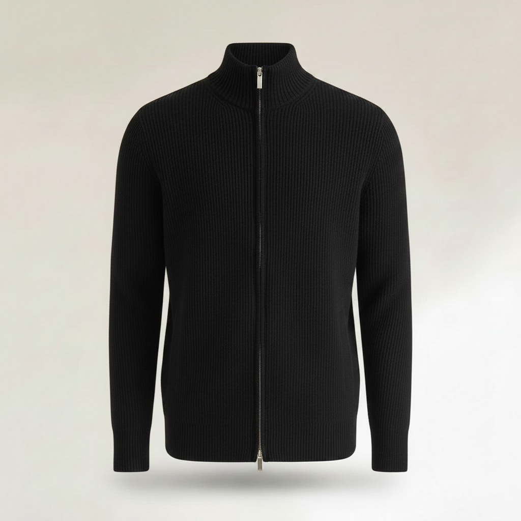 Men's Slim Fit Zip Up Cardigan | Ribbed Texture Black Sweater