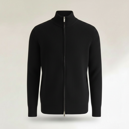 Men's Slim Fit Zip Up Cardigan | Ribbed Texture Black Sweater