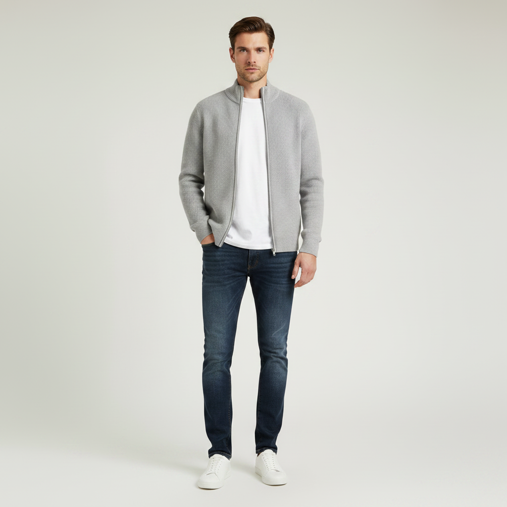 Men's Slim Fit Zip Up Cardigan | Ribbed Texture Black Sweater