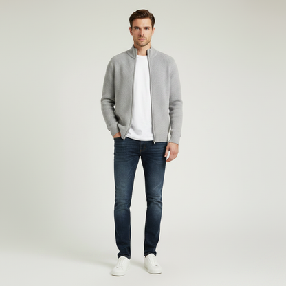 Men's Slim Fit Zip Up Cardigan | Ribbed Texture Black Sweater