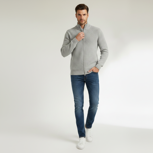 Men's Slim Fit Zip Up Cardigan | Ribbed Texture Black Sweater